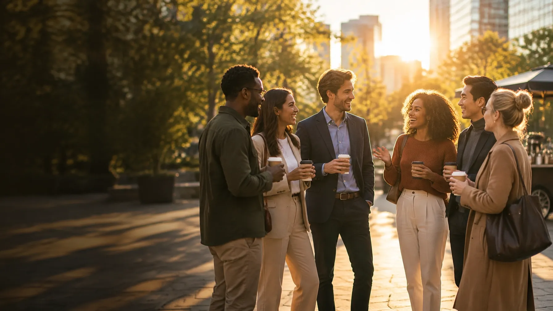 Six people connecting over coffee in a sunlit city plaza