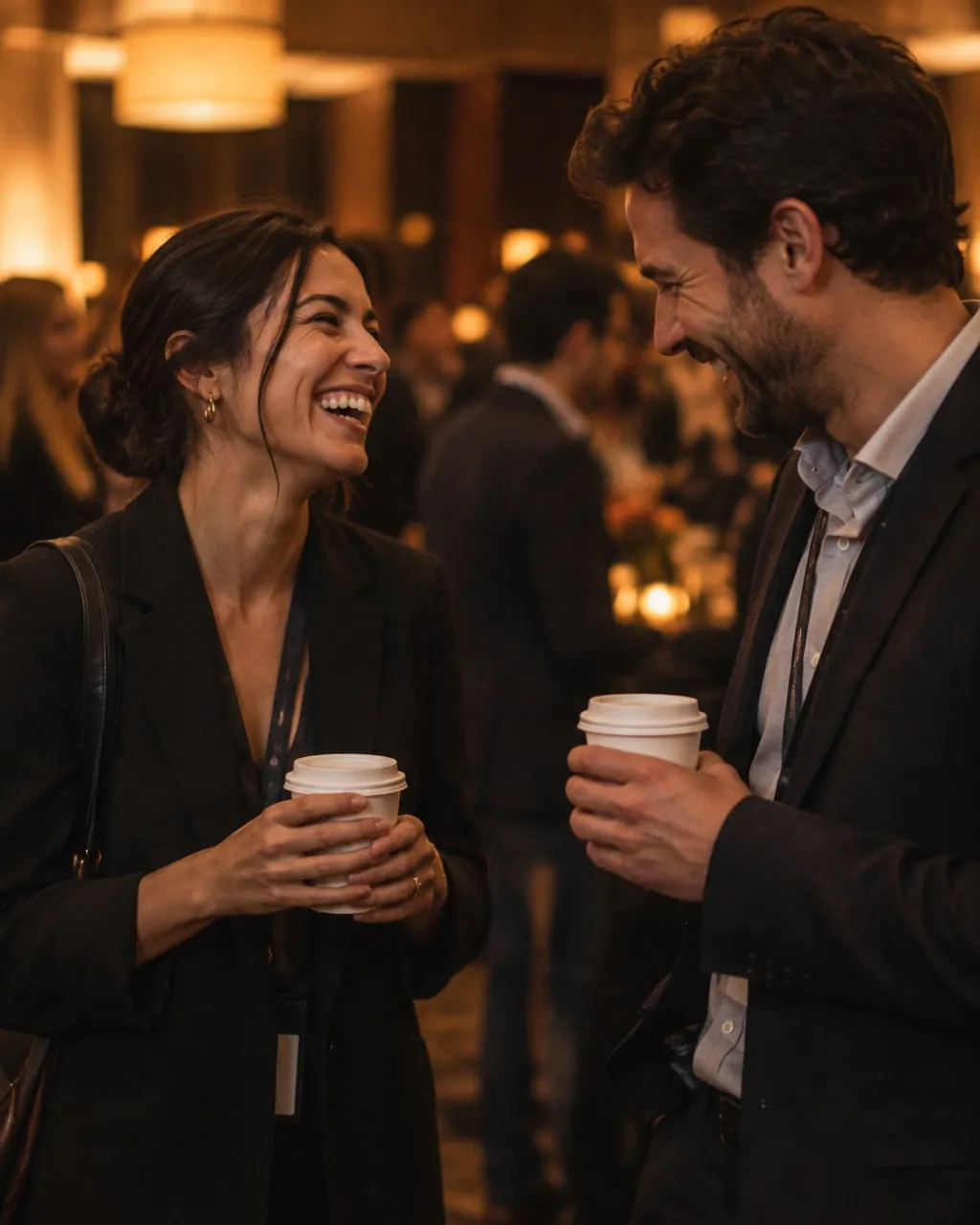 Two professionals laughing together over coffee at a warm evening networking reception