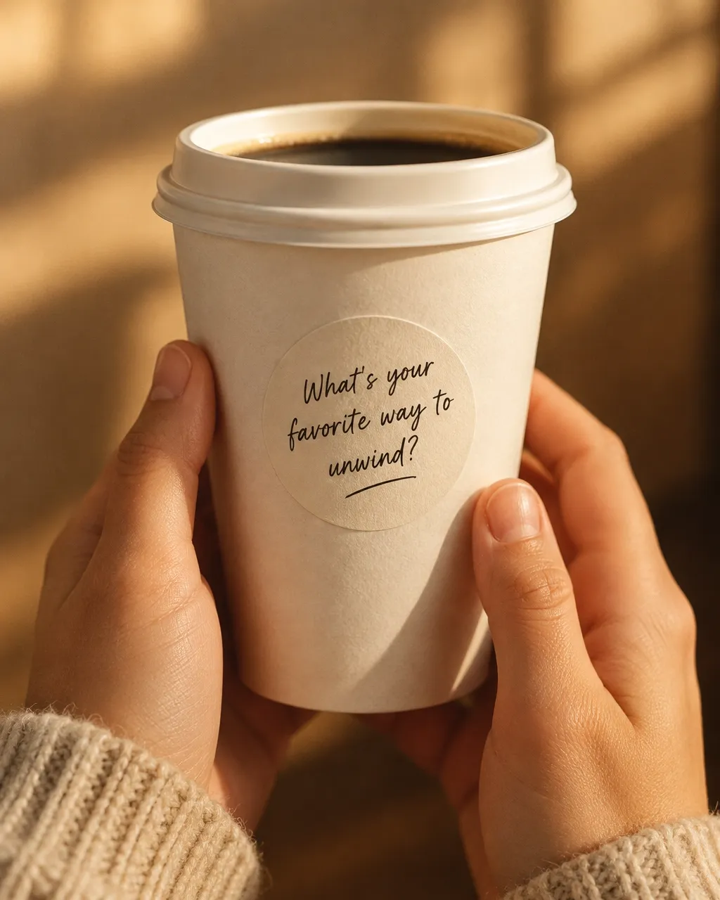 Hands holding a takeaway cup turned to show a conversation question sticker on the exterior back