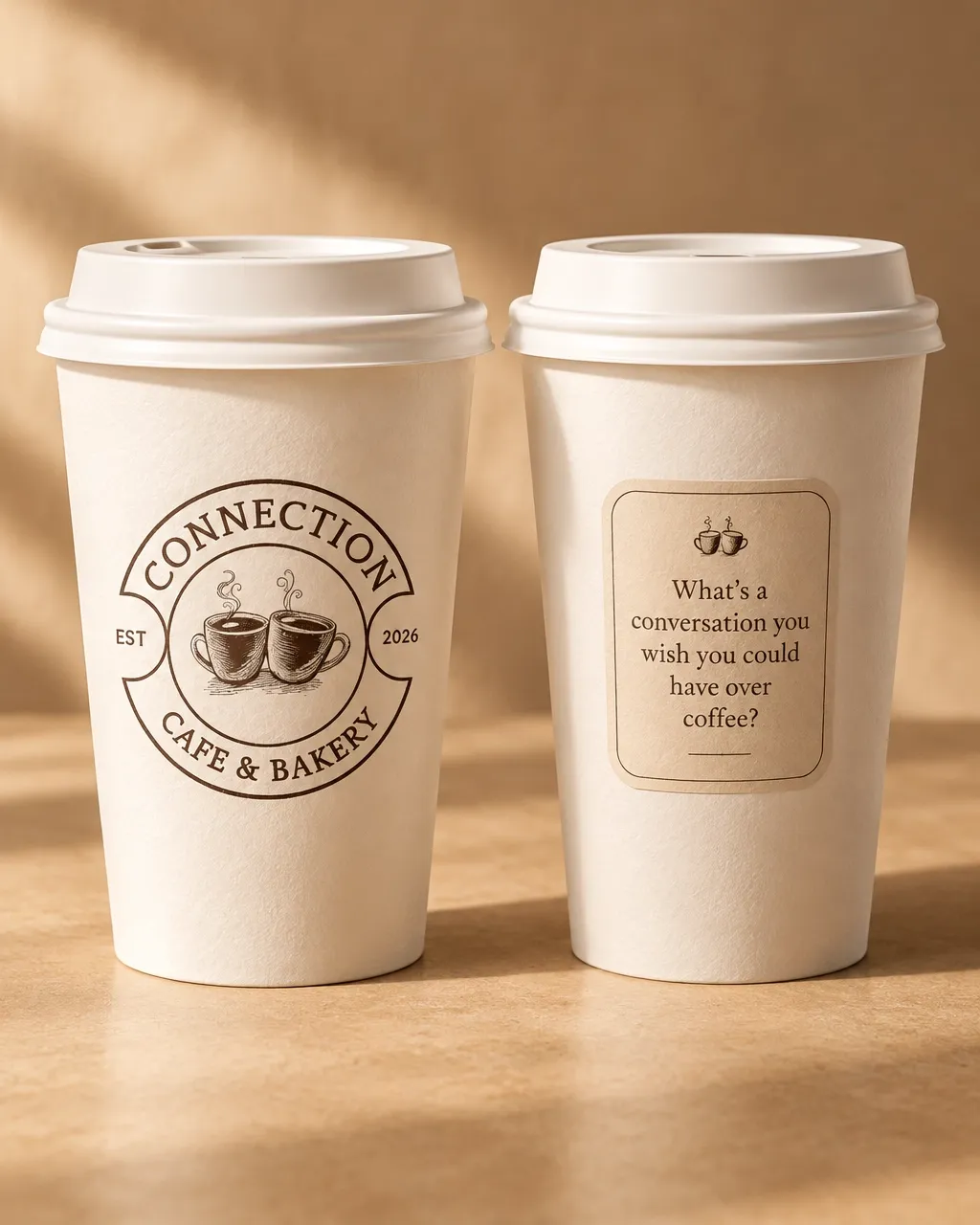 Two takeaway cups showing the front logo and the conversation sticker on the exterior back