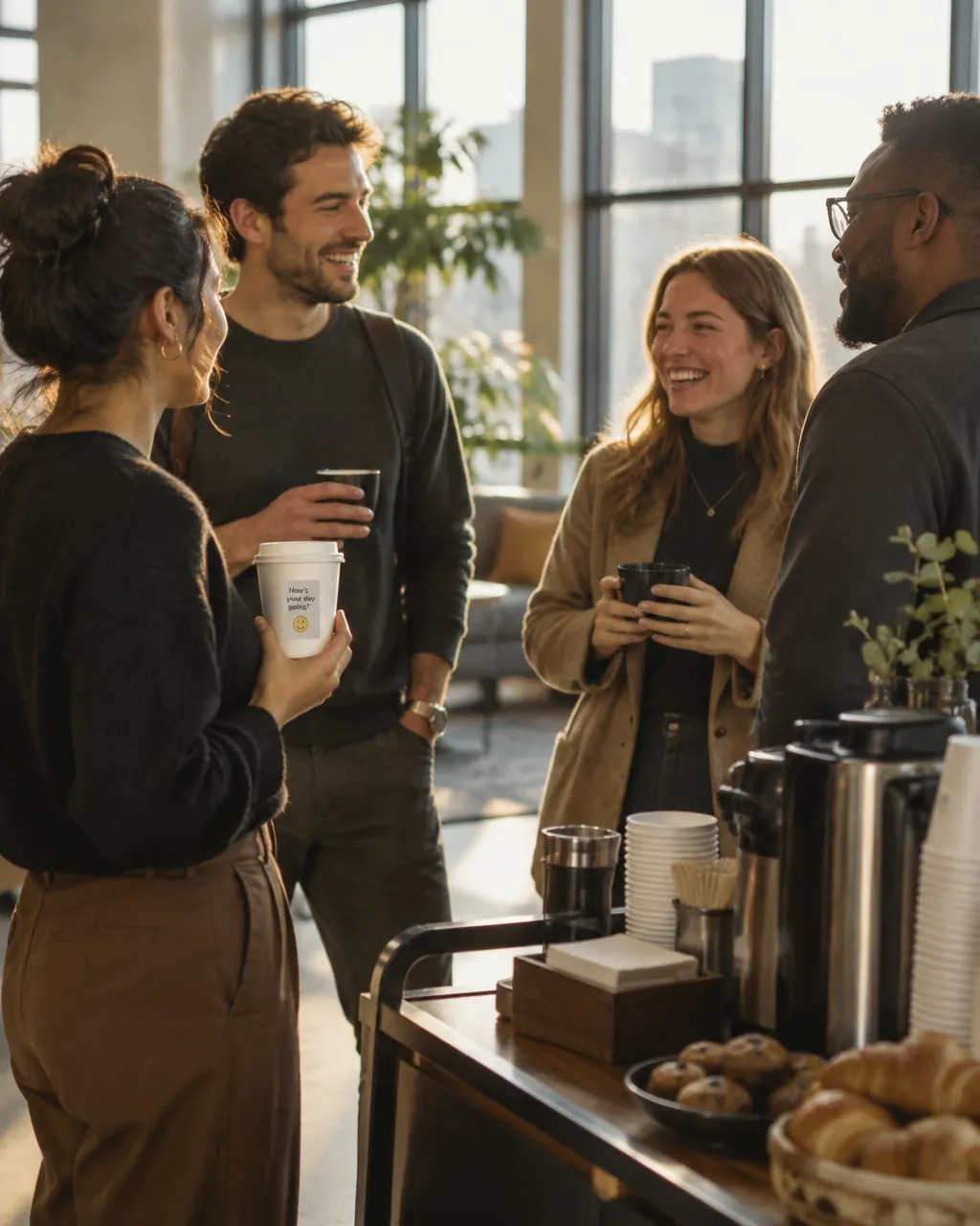 Four coworkers gathered around a catered coffee cart in a bright modern office