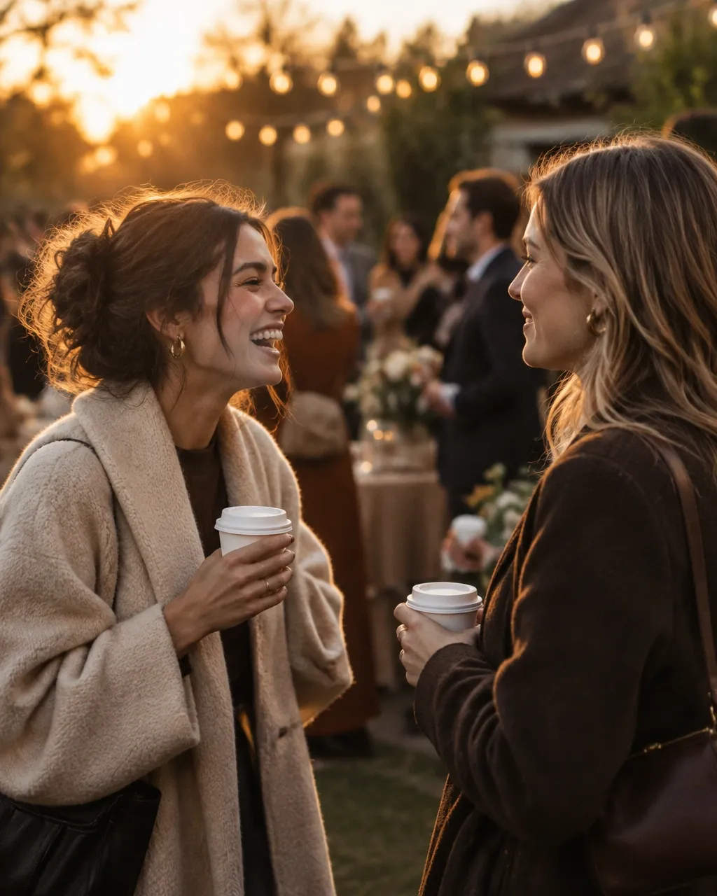 Two women laughing mid-conversation with coffee cups at an outdoor golden-hour gathering with string lights