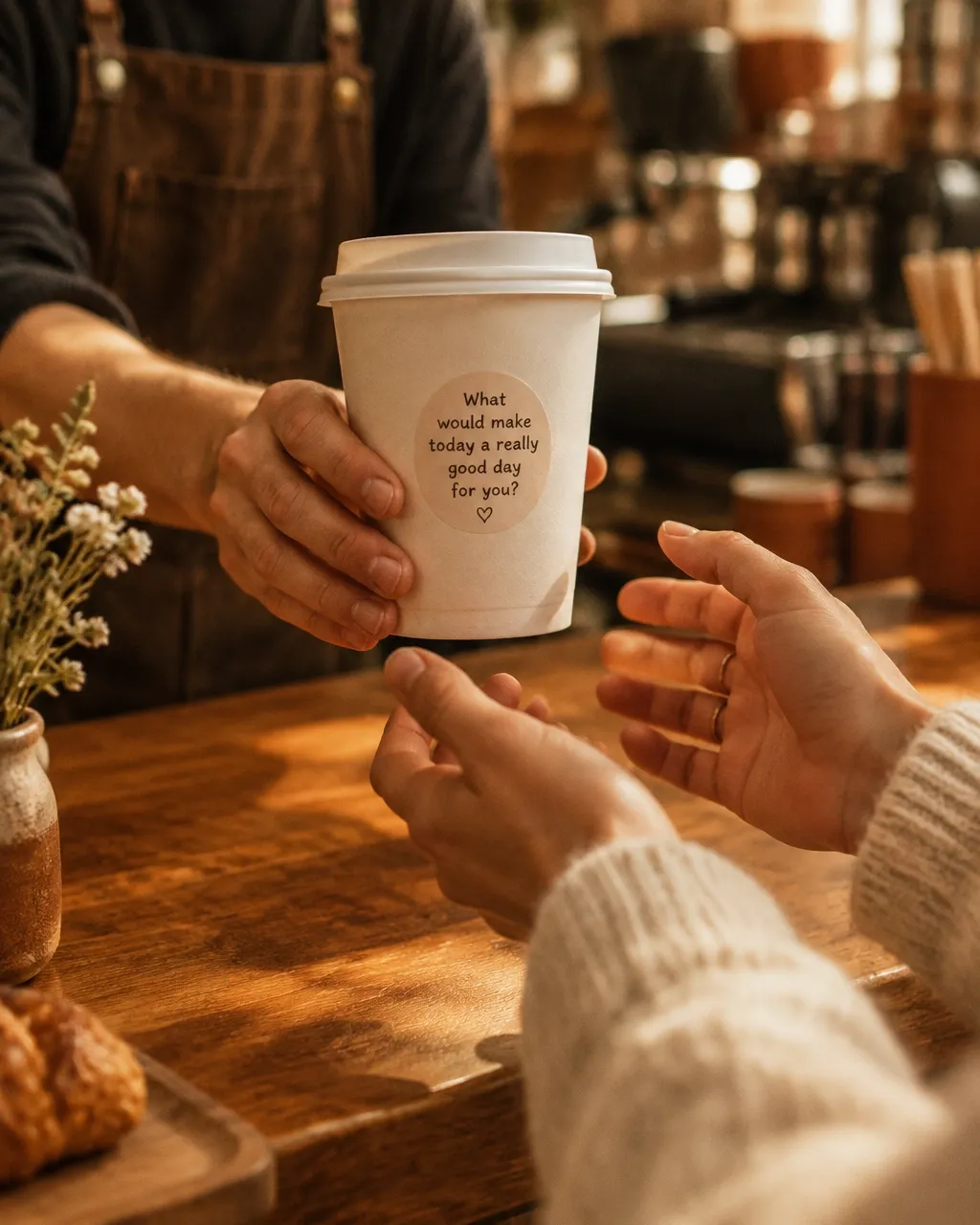 A barista passing a takeaway cup with a printed question sticker across a warm wooden counter