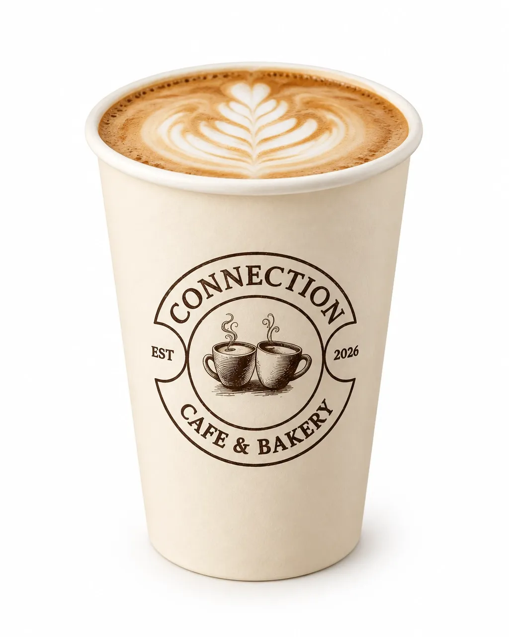 Front-facing Connection Cafe & Bakery badge on a warm ivory takeaway cup of cappuccino