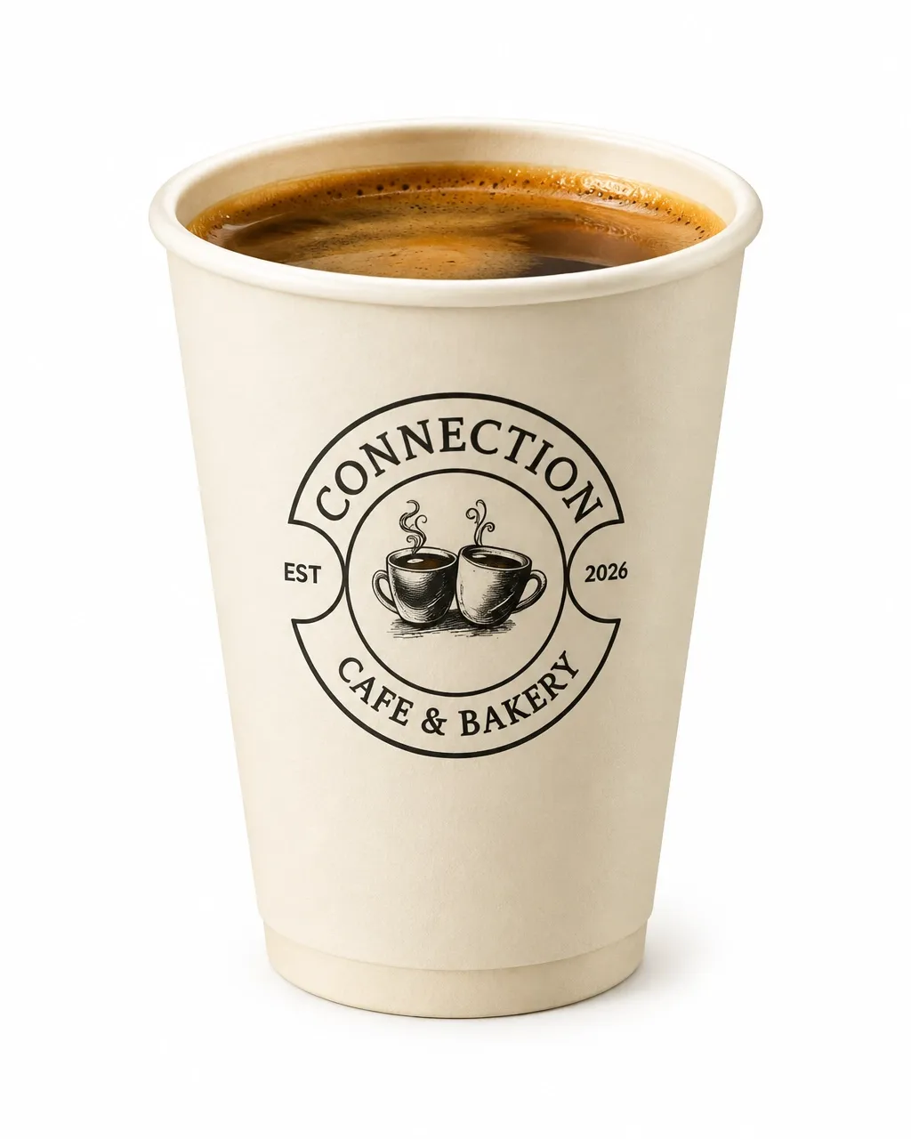 Front-facing Connection Cafe & Bakery badge on a warm ivory takeaway cup of espresso