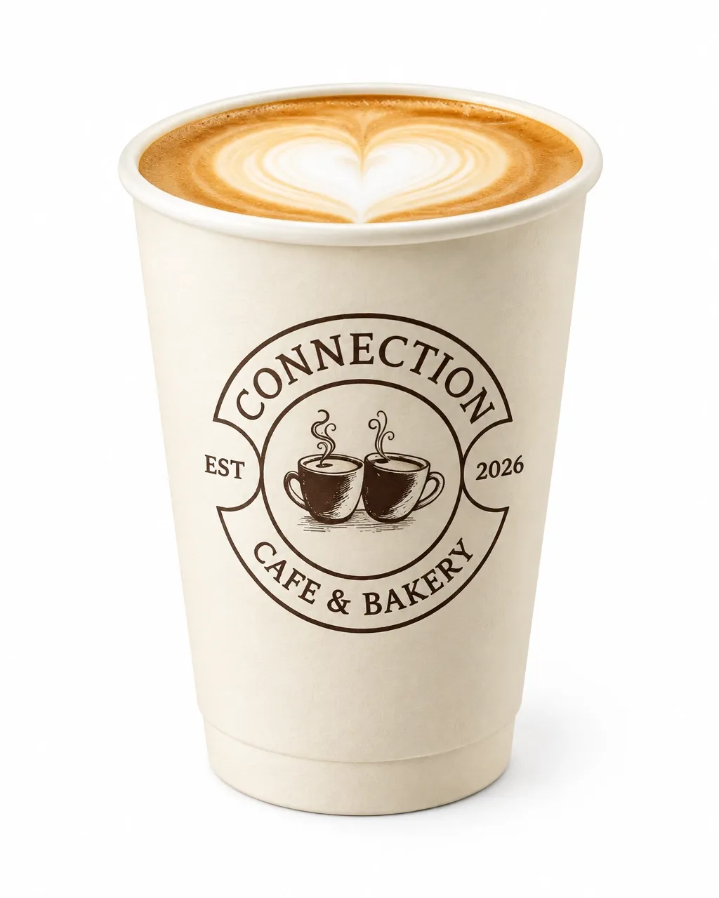 Front-facing Connection Cafe & Bakery badge on a warm ivory takeaway cup of latte
