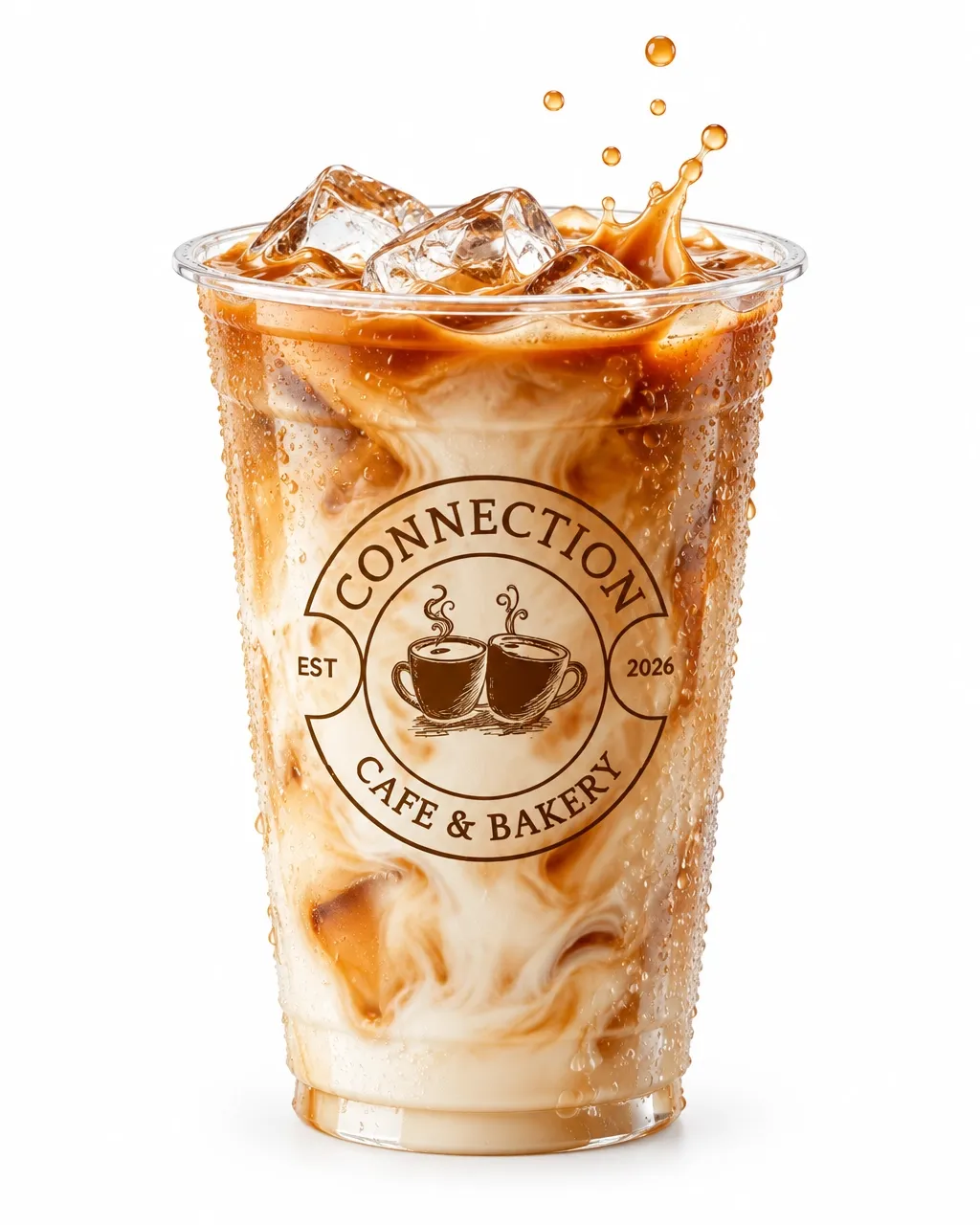 Front-facing Connection Cafe & Bakery badge on a clear iced vanilla latte cup with condensation