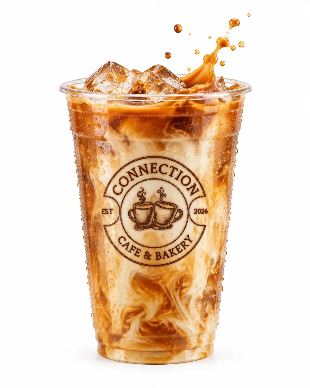 Front-facing Connection Cafe & Bakery badge on a clear iced caramel latte cup with condensation