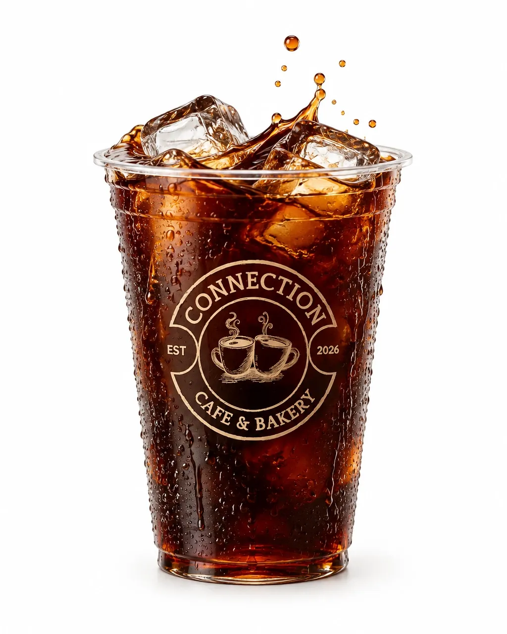 Front-facing Connection Cafe & Bakery badge on a clear iced cold brew cup with condensation