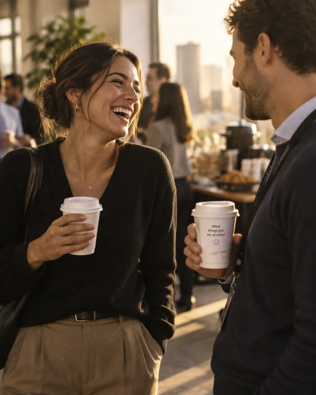 Two colleagues laughing together at a catered office coffee break