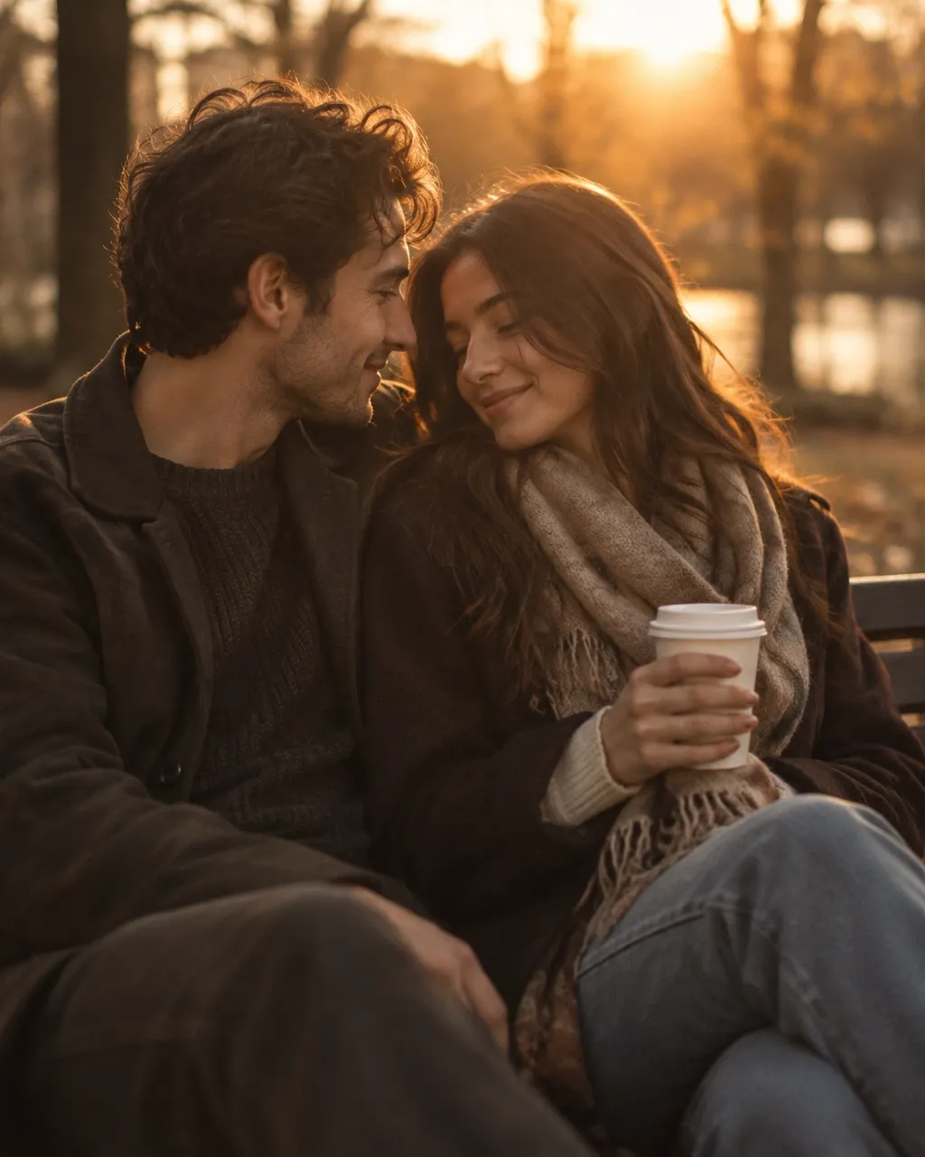 A young couple sharing a quiet golden-hour moment over coffee on a park bench