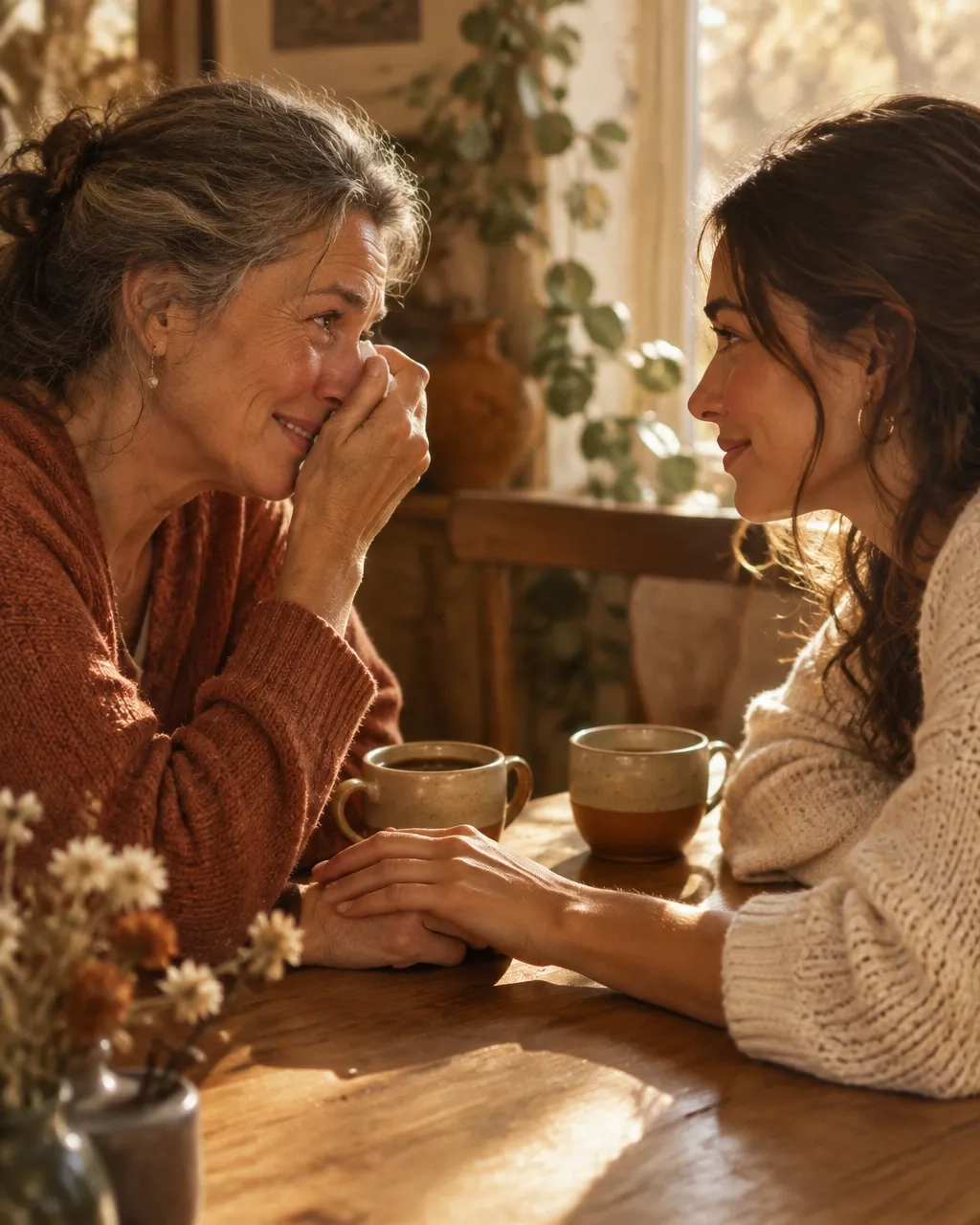 An older woman and a younger woman holding hands across a sunlit table with two coffee cups